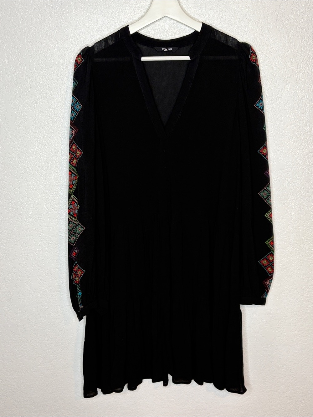 Desigual Black Tiered Mini Dress Long Sleeve with Printed Embroidery Design Med